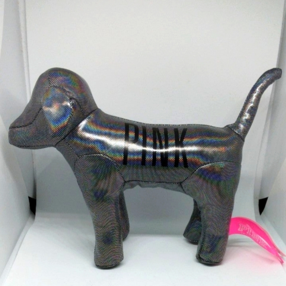 Victoria's Secret PINK blavk Silver Metallic Dog Plush Holographic, 9in